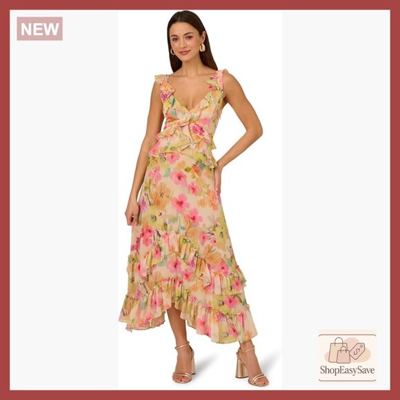 Floral Printed Chiffon Maxi Dress Elegant Formal V-Neck Sleeveless